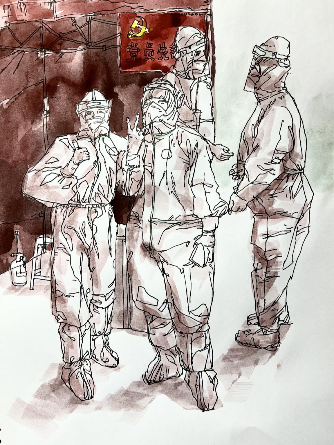 6.冯大康，《党员先锋队》，钢笔淡彩，21×26.5CM,2022年。