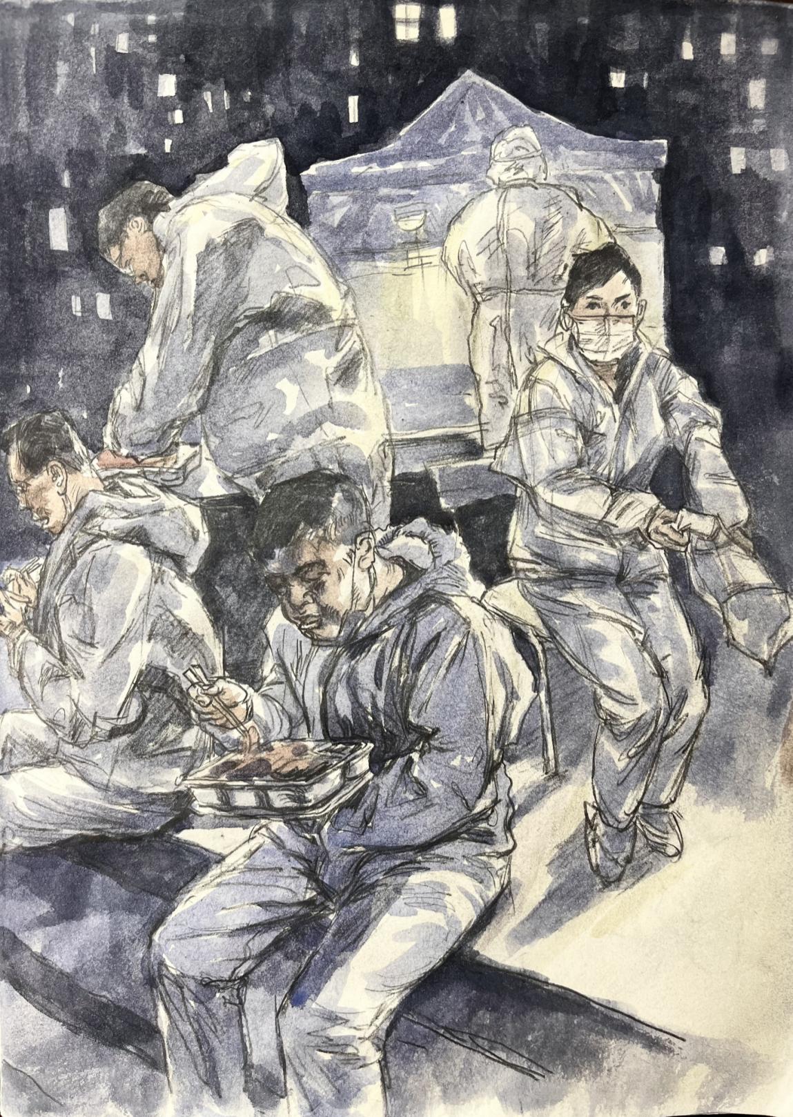 2.冯大康，《守候》，铅笔淡彩，21×29.5CM,2022年。